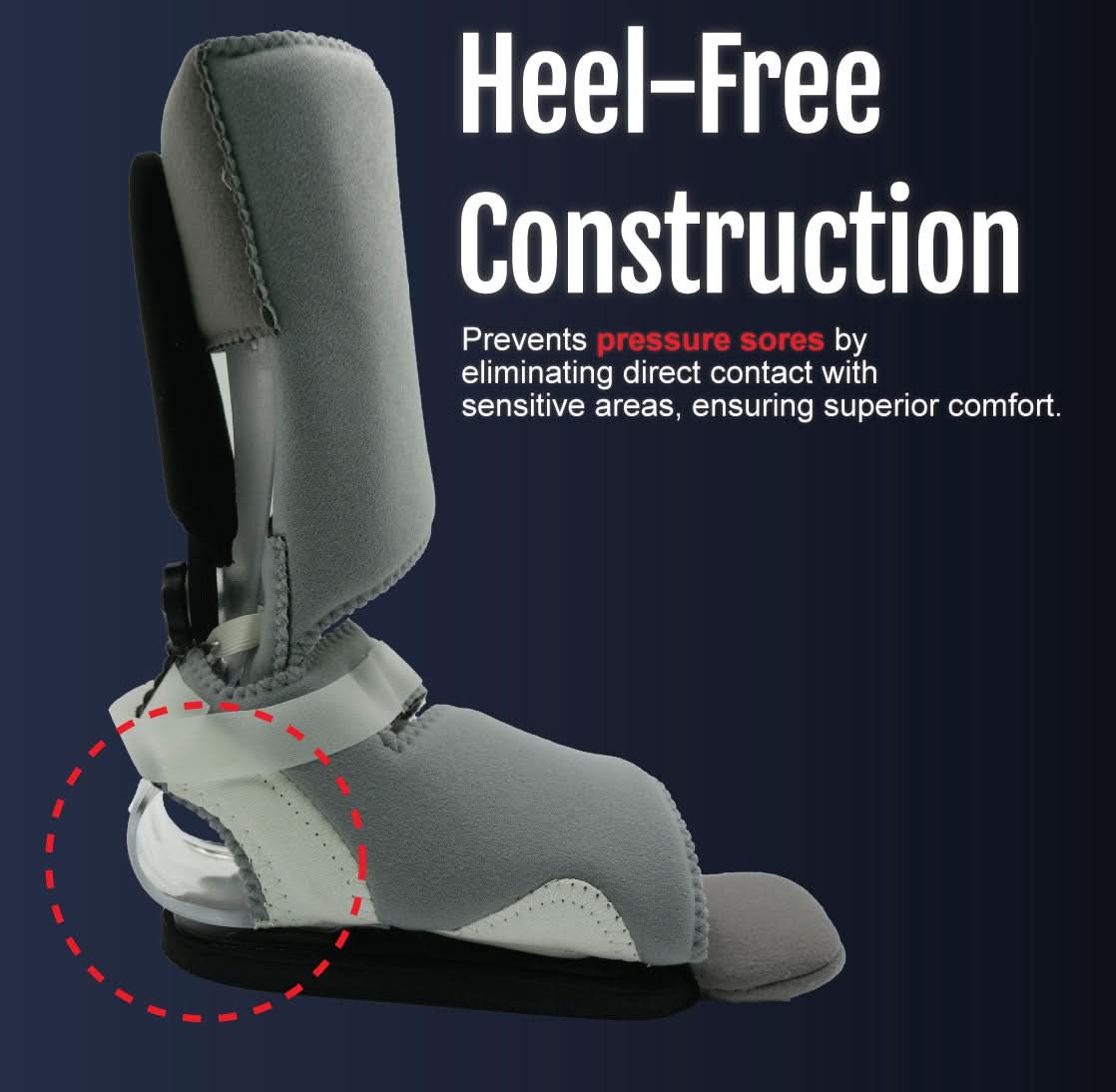 Gray RCAI ankle foot orthosis with heel-free construction, cushioned interior, and supportive ambulatory attachment,.