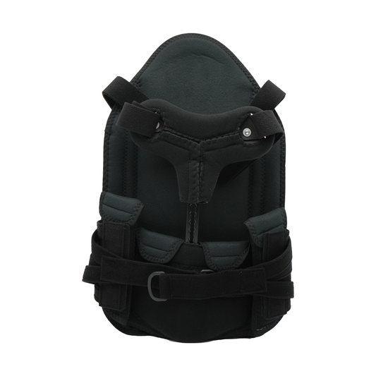 Black Short Front TLSO brace with padded interior, adjustable straps, and metal support hinges, made in the USA by RCAI,.