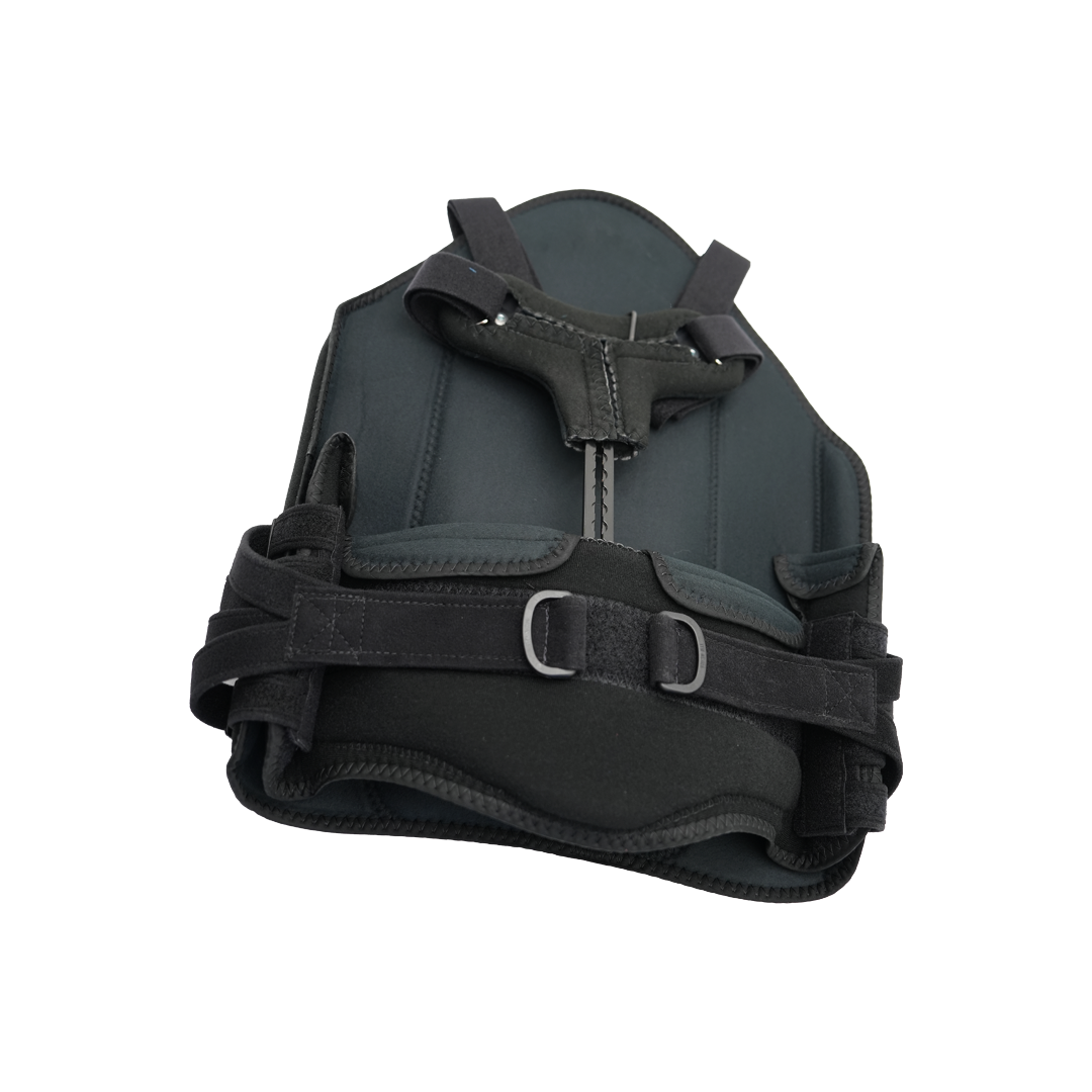 Black RCAI TLSO orthotic brace with adjustable straps and metal buckles, made in the USA, designed for b2b orthopedics.