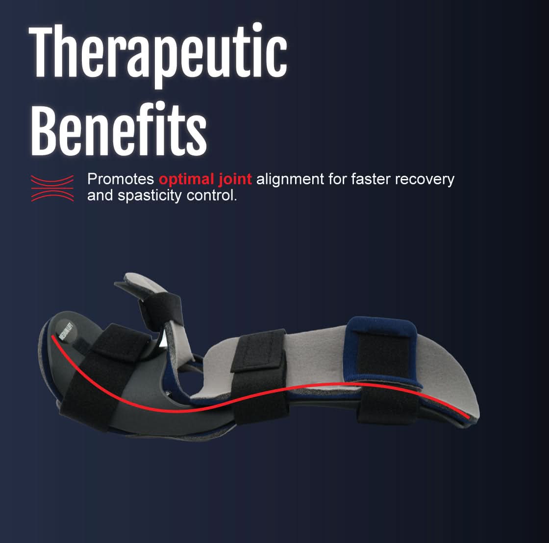 Black and gray dorsal resting hand orthosis with adjustable straps, contoured support, red joint alignment line, made in the .