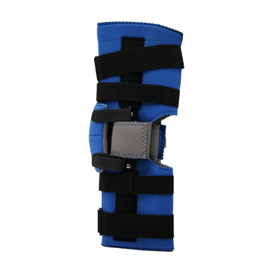 Blue Flex Cuff Knee brace with black adjustable straps and open patella, made in the USA, best orthopedic braces by RCAI,.