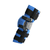 Blue and black adjustable Flex Cuff elbow orthosis with multiple Velcro straps and metal support hinges, made in the USA,.