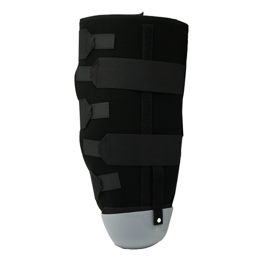 Black below knee amputee rigid dressing protector with adjustable Velcro straps and gray hard protective cap, made in the.