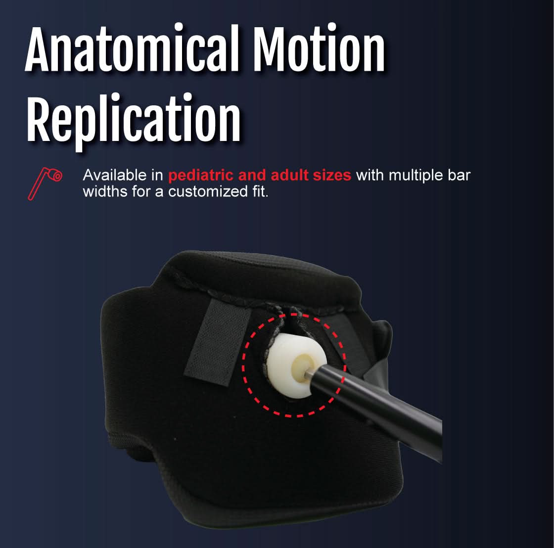 Black orthopedic abduction bar brace with adjustable white pivot joint, designed for pediatric and adult sizes, made in the.