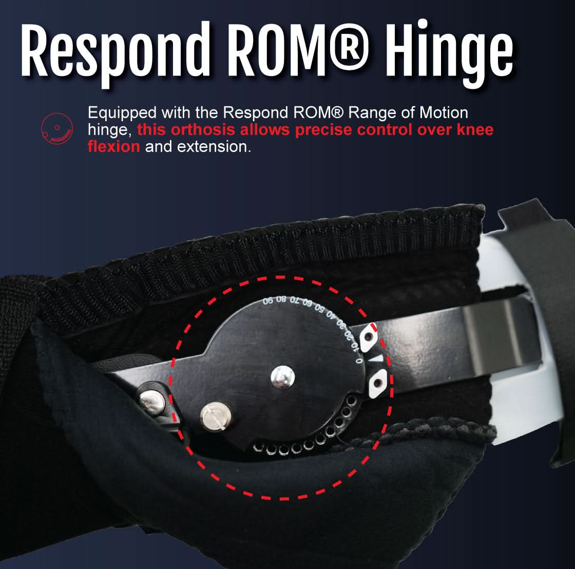 Close-up of Respond ROM BKA Rigid Dressing hinge with black padded fabric and silver adjustable metal joint, made in the.