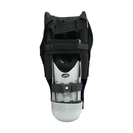 Black and white Respond ROM BKA rigid dressing with adjustable black straps, made in the USA, RCAI, best orthopedic braces,.