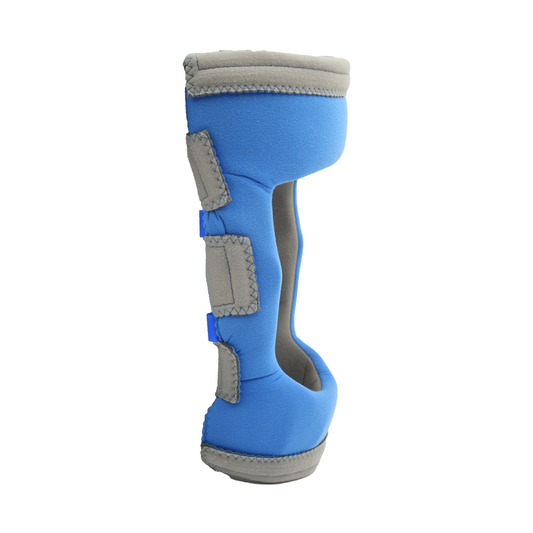 Blue Respond ROM Knee brace with gray trim and adjustable gray straps, made in the USA by RCAI, best orthopedic braces for.