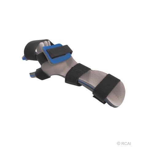 Gray resting hand orthosis with black adjustable straps and blue finger separators, made in the USA, top-quality best.