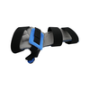 Resting hand orthosis with black adjustable straps, gray padded support, and blue finger separators, made in the USA, best.