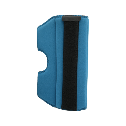 Blue RCAI elbow stabilizer with black adjustable strap, neoprene material, made in the USA, best orthopedic braces for B2B.