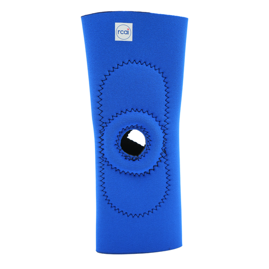 Blue RCAI knee sleeve with reinforced black stitching around open patella, made in the USA, best orthopedic braces for B2B.