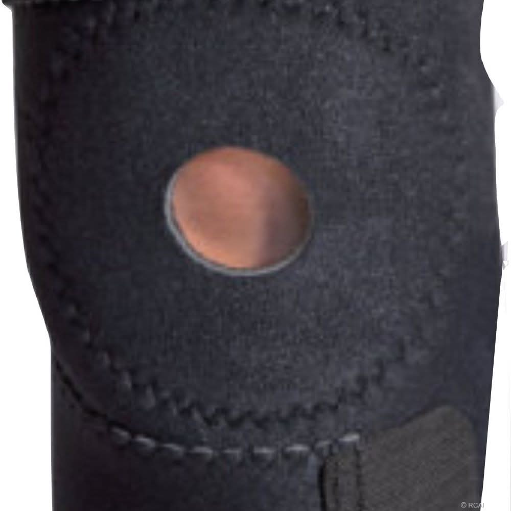 Black wrap-around knee brace with open patella design and reinforced stitching, made in the USA, best orthopedic braces for.