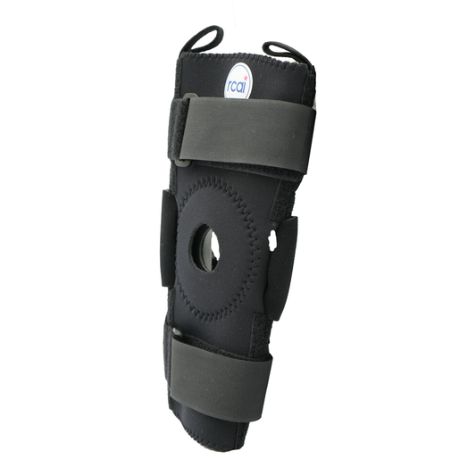 Black hinged knee brace with circular patella opening, adjustable Velcro straps, and RCAI logo, made in the USA, best.