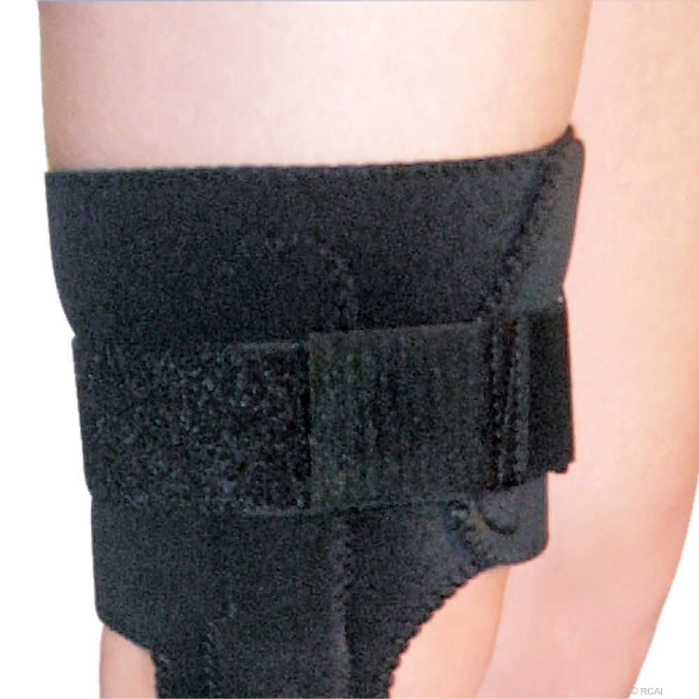 Black neoprene wrap-around knee brace with adjustable strap and covered hinge, made in the USA, best orthopedic braces for.