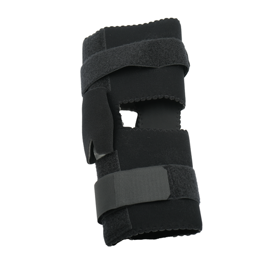 Black adjustable active knee brace with velcro straps and ROM hinge, made in the USA, best orthopedic braces by RCAI for B2B .