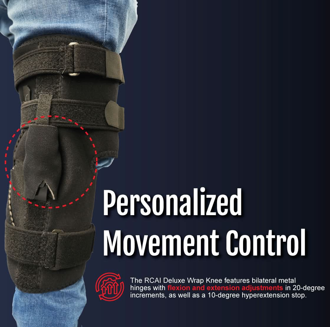 Black RCAI Deluxe Wrap Knee brace with adjustable straps and hinged metal support, worn on leg with denim jeans,.