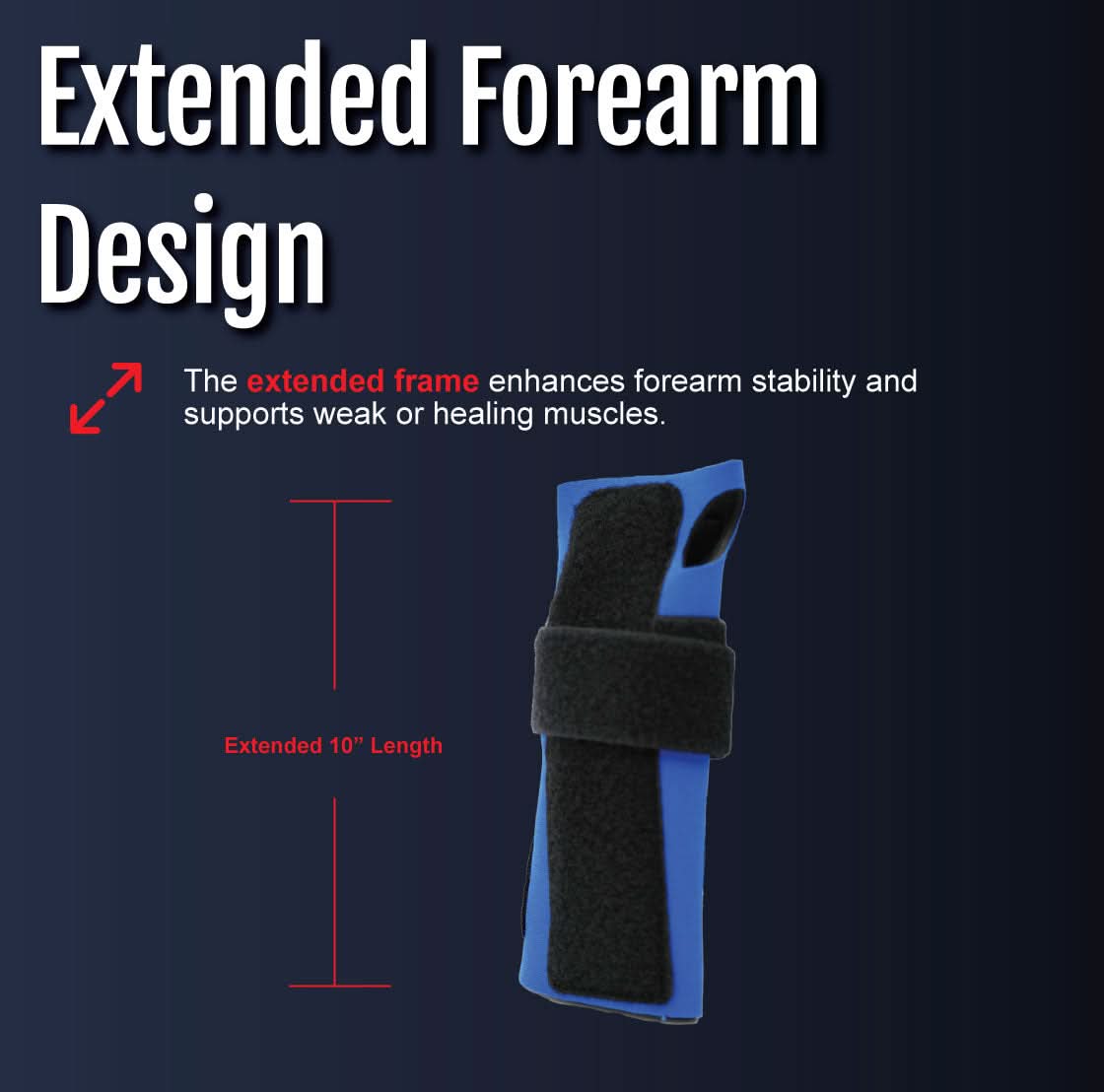 Blue and black wrist extension splint with extended 10-inch forearm design, adjustable black straps, made in the USA, RCAI,.