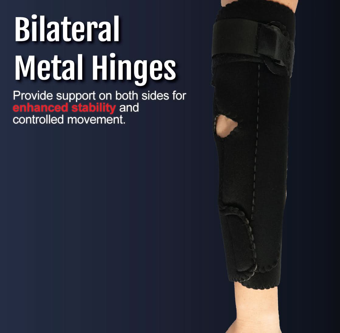 Black RCAI hinged elbow sleeve with bilateral metal hinges on both sides, secured with adjustable straps, designed for.
