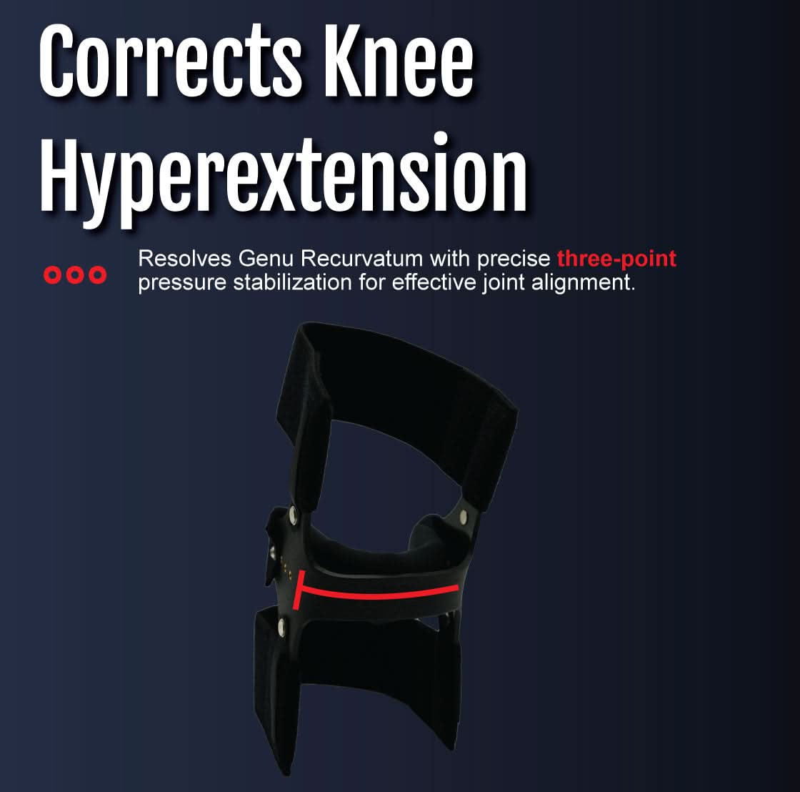 Black RCAI Knee Cage Orthosis with adjustable straps and red accents, designed for genu recurvatum support, made in the USA, .