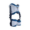 White and navy bilateral hip abduction orthosis with padded blue lining and adjustable black metal hinges, made in the USA,.