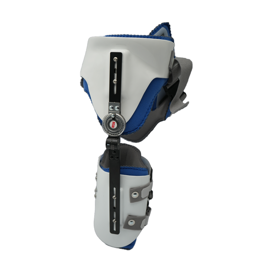 White and blue hip abduction orthosis with adjustable black metal hinges and padded straps, made in the USA, best orthopedic .