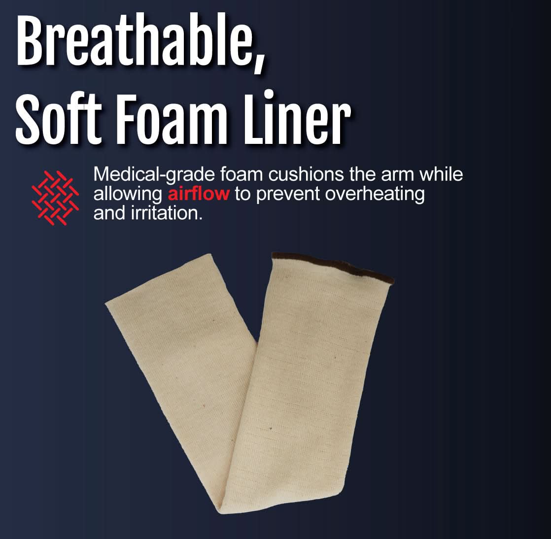 Beige breathable soft foam liner for humeral arm brace with medical-grade cushioning, made in the USA, RCAI, B2B orthopedics .
