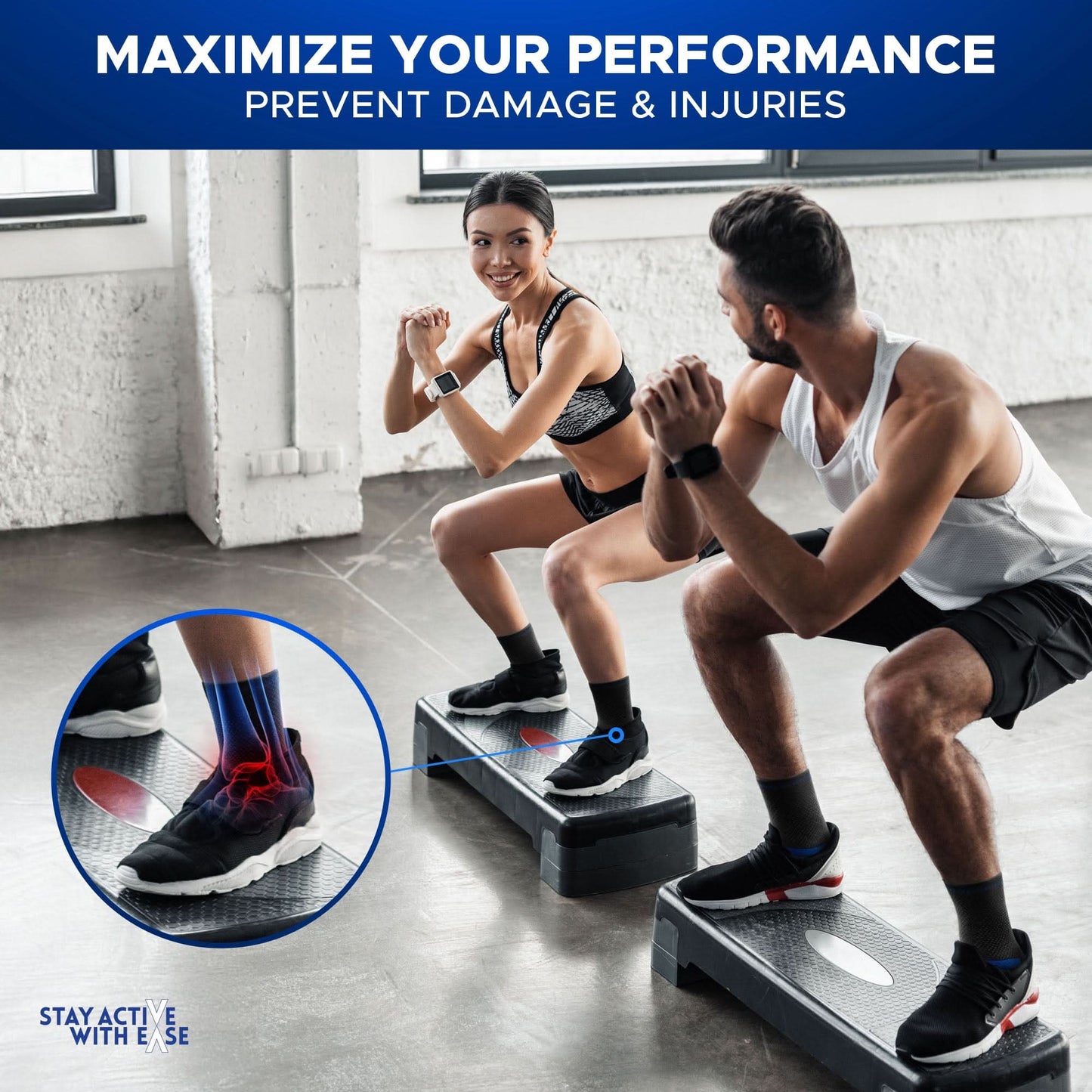 Active Ease Compression Ankle Sleeve worn on right ankle during workout, black fabric with blue logo, made in the USA, best.