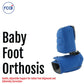 Blue padded baby foot orthosis with adjustable straps for gentle foot alignment, made in the USA, RCAI, top choice in B2B.