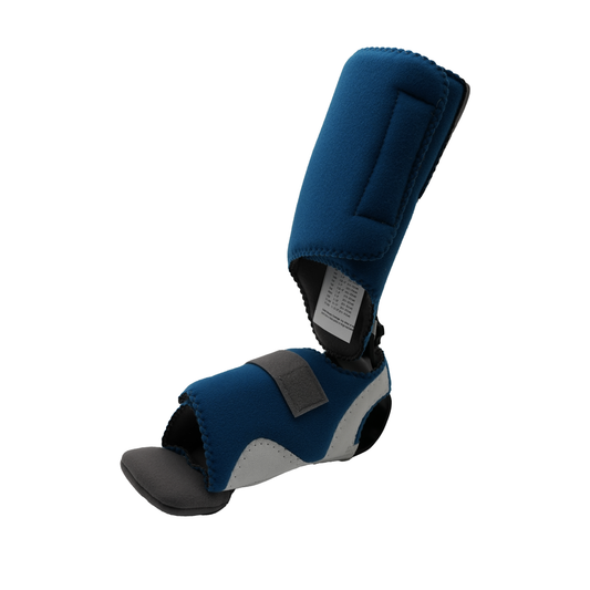 Navy blue RCAI MPO 2000® orthopedic foot drop splint with adjustable straps and grey sole, made in the USA, best orthopedic.
