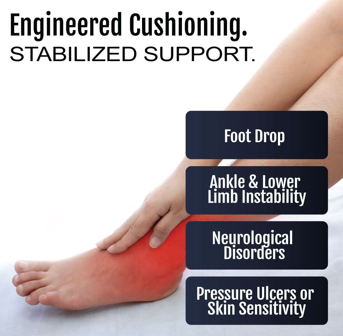 Ankle foot orthosis support highlighting red shaded foot and ankle areas for foot drop, limb instability, neurological.