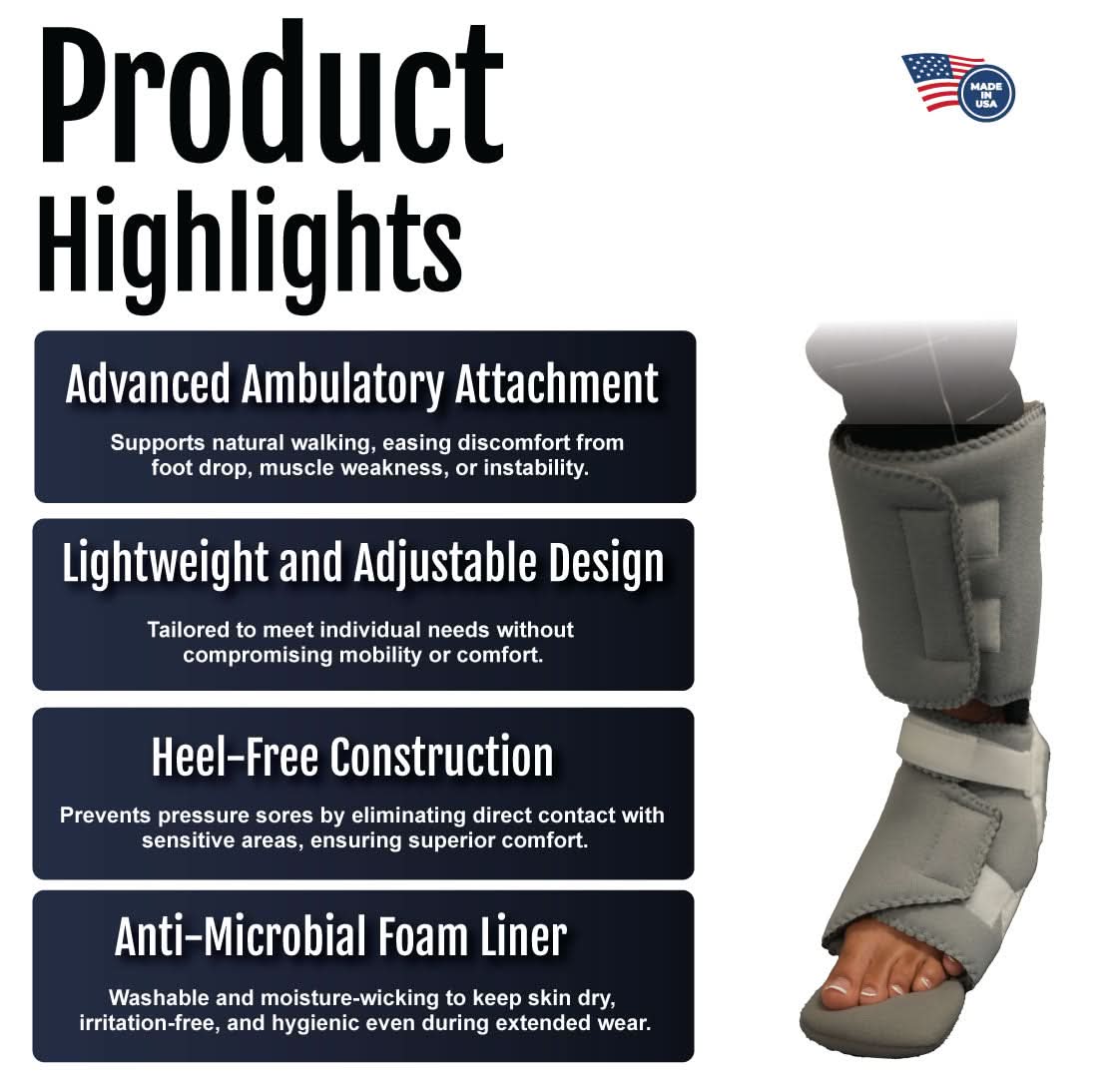 RCAI ankle foot orthosis with ambulatory attachment, black padded cuff, lightweight sturdy frame, adjustable straps, made in .