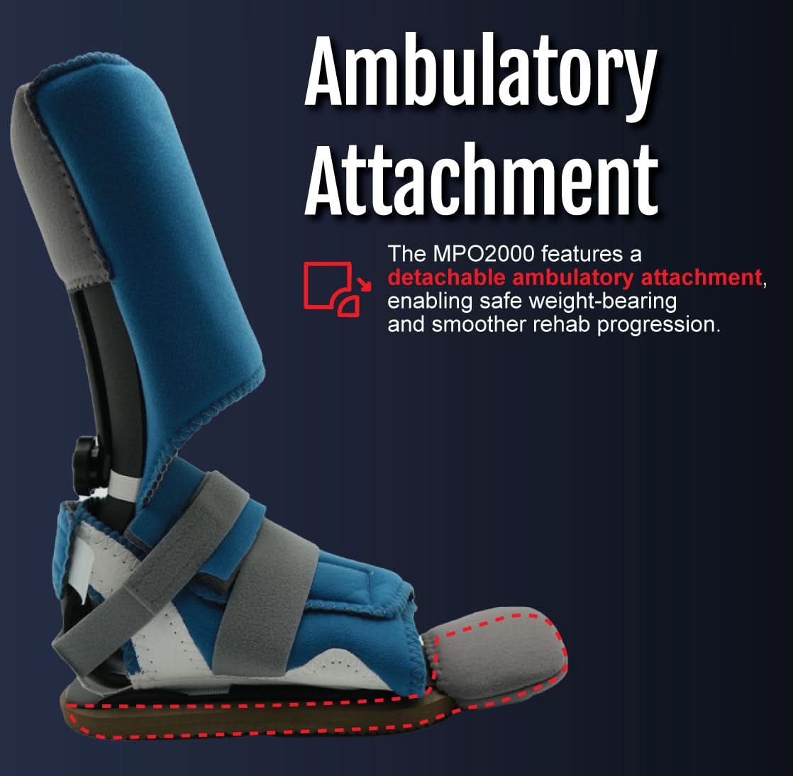 Blue MPO2000 ambulatory attachment with gray straps and padded footplate, made in the USA, best orthopedic braces by RCAI,.