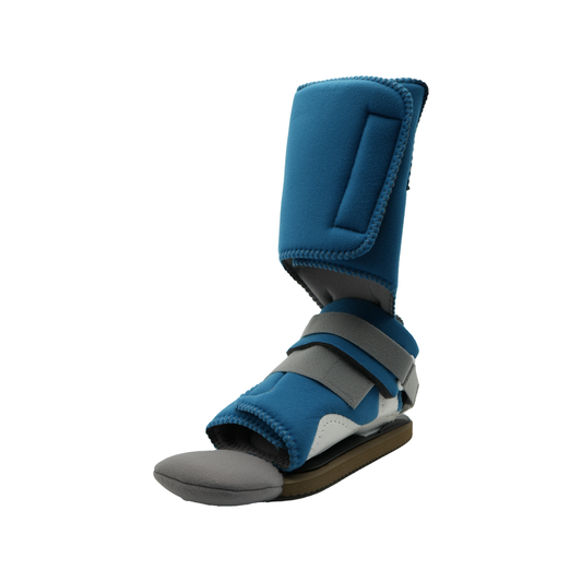 Blue MPO2000 ambulatory ankle brace with adjustable straps, cushioned footbed, foam padding, made in the USA, RCAI, best.