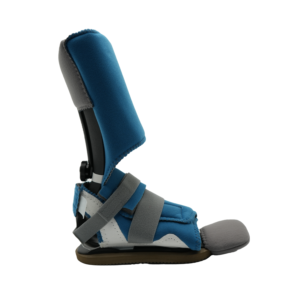 Blue and gray MPO2000 ambulatory orthopedic brace with adjustable straps and cushioned foot support, made in the USA, best.