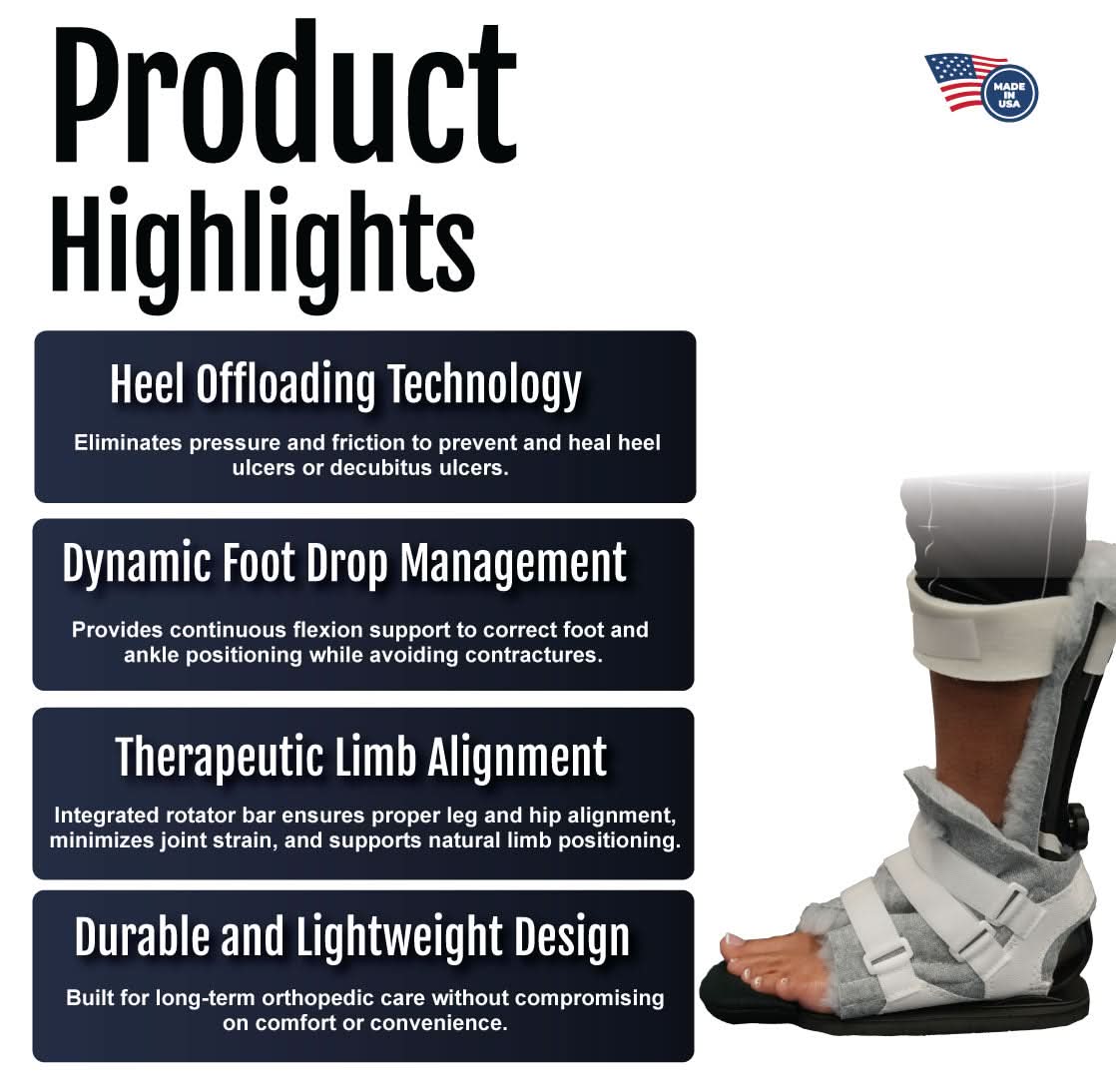 Orthopedic MPO Active brace with ambulatory attachment in white and black, featuring heel offloading, dynamic foot drop.