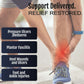 Person wearing blue sneaker and soft heel suspension boot on bare foot, highlighting ankle support with red pain area.