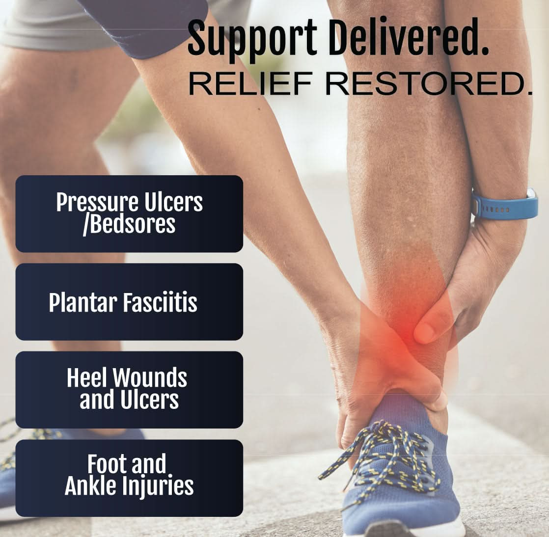 Person wearing blue sneaker and soft heel suspension boot on bare foot, highlighting ankle support with red pain area.