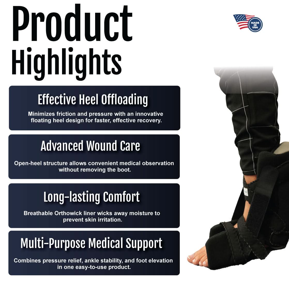 Black Soft Heel Suspension Boot with open-heel design, breathable orthowick liner, made in the USA, RCai certified, ideal.