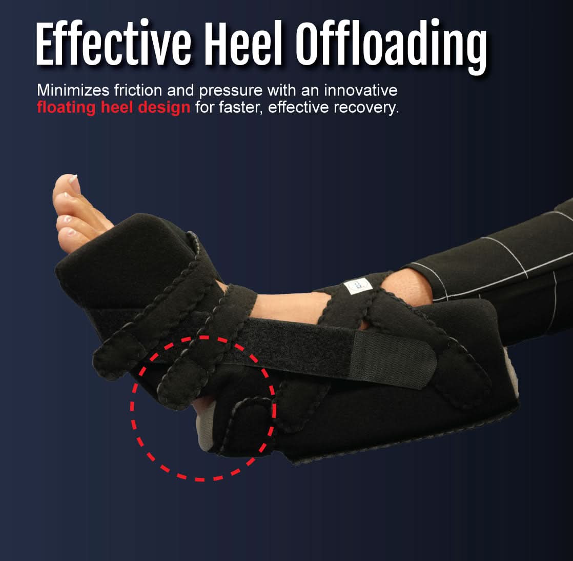 Black soft heel suspension boot with adjustable straps on foot and ankle, highlighting floating heel design, featuring.