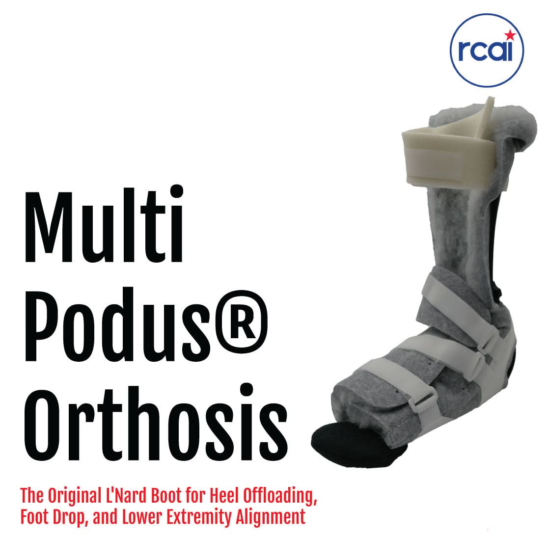 RCAI Multi Podus® Orthosis in gray and beige with three adjustable straps, foam padding, and rigid ankle support, made in.