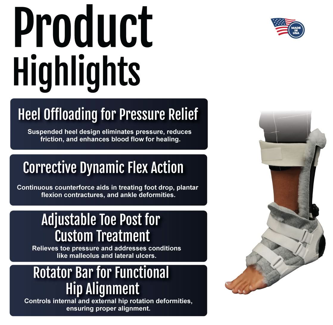 RCAI Multi Podus Orthosis features adjustable toe post, corrective dynamic flex action, and heel offloading heel strap with.