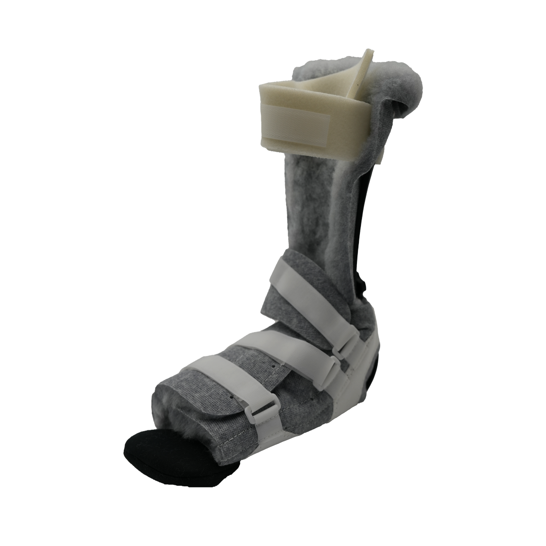 RCAI Multi Podus orthosis in gray with white adjustable straps and beige plastic ankle support, made in the USA, best.