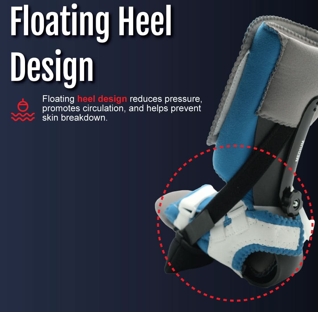Dorsi-Flexion Multi Podus orthotic brace in white and blue with black adjustable straps and floating heel design, made in.