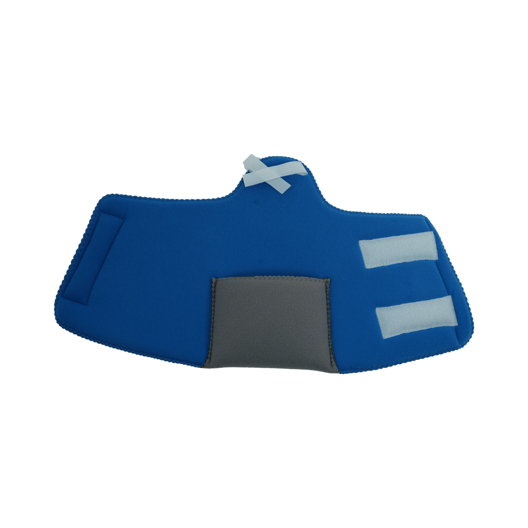 Blue and gray neoprene ankle brace with white hook-and-loop straps and a sleek, contoured design for dorsiflexion support.
