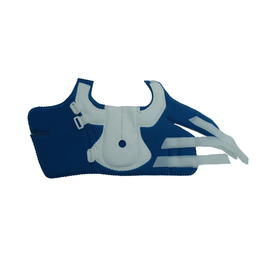 Blue and white adjustable ankle brace with straps and padded support for dorsi-flexion assistance.