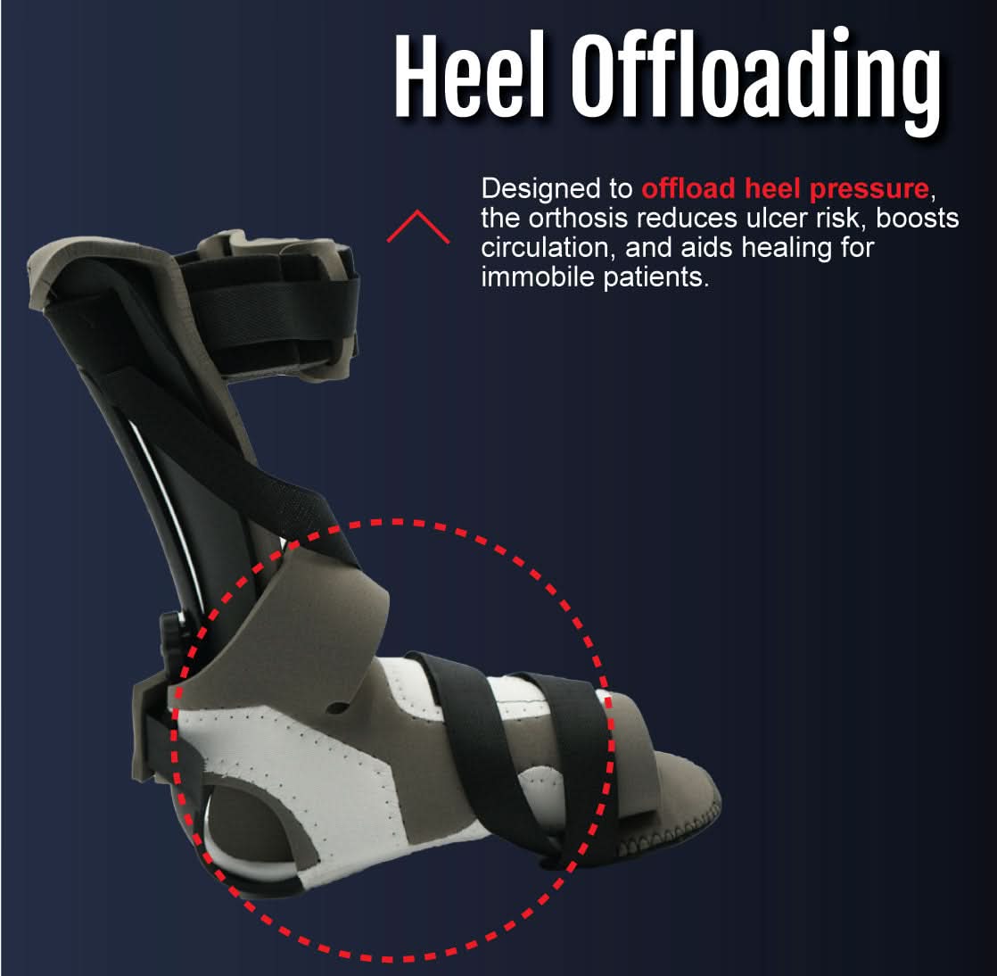 Black and gray MPO Burn Unit heel offloading orthotic brace with padded straps, made in the USA, designed for pressure.