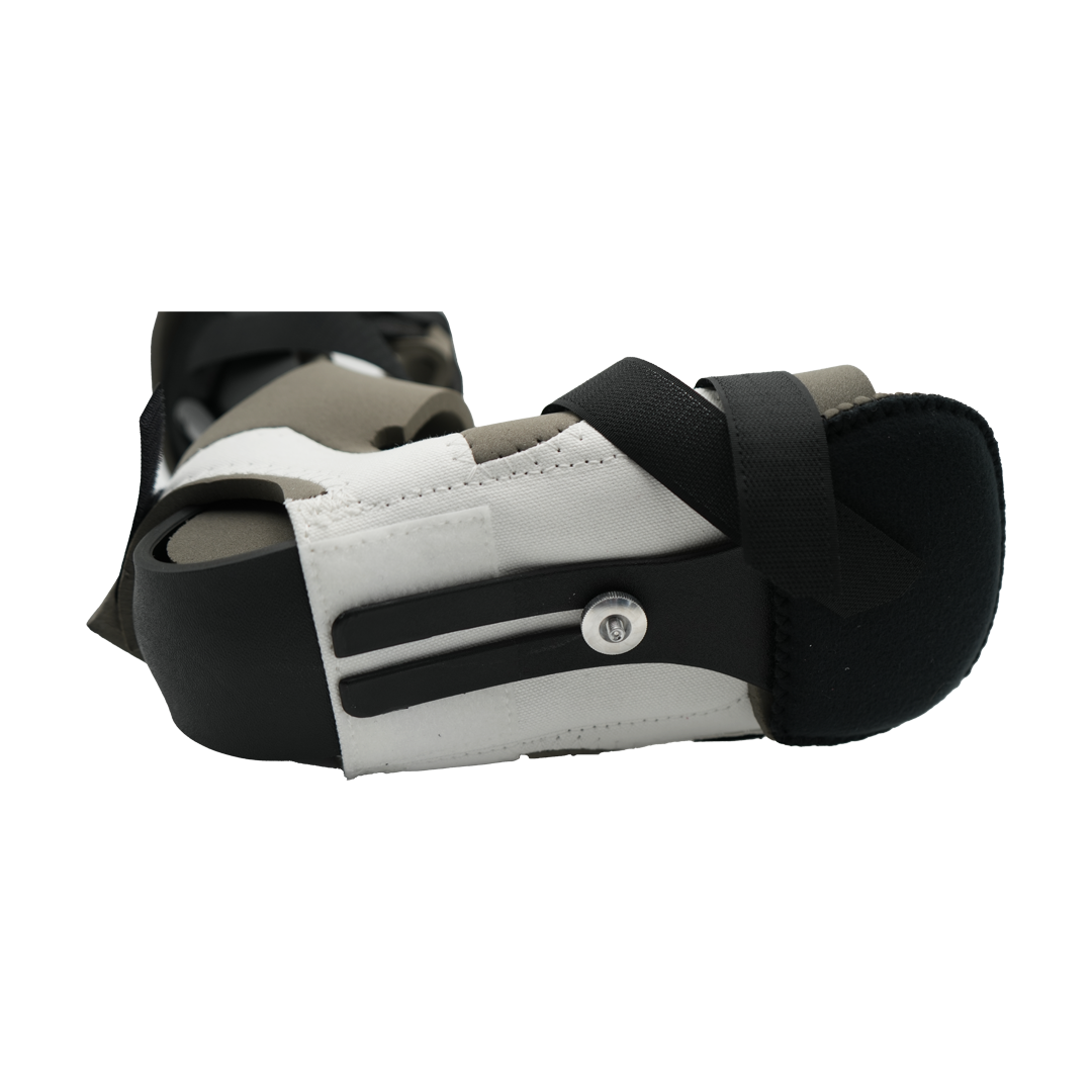 White and black MPO Burn Unit orthopedic brace with adjustable black straps, made in the USA, designed for effective.