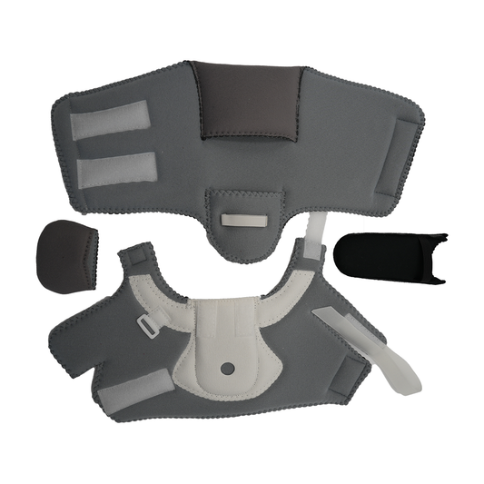 Gray and black Ankle Foot Orthosis (AFO) accessory kit with padded straps and hook-and-loop fasteners, made in the USA,.