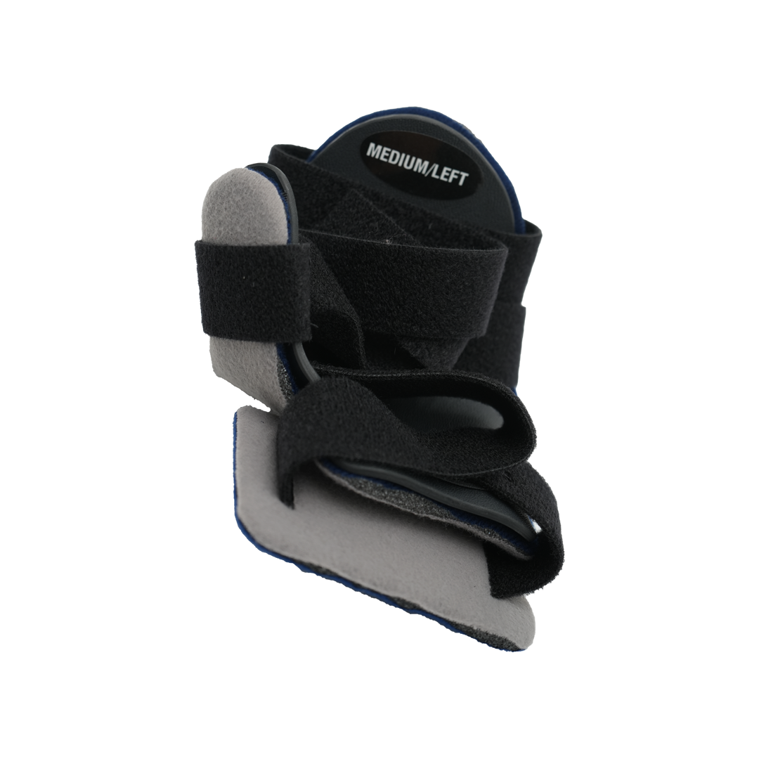 Gray and black Opponent Hand Orthosis brace by RCAI with Velcro straps, labeled Medium Left, made in the USA, best.