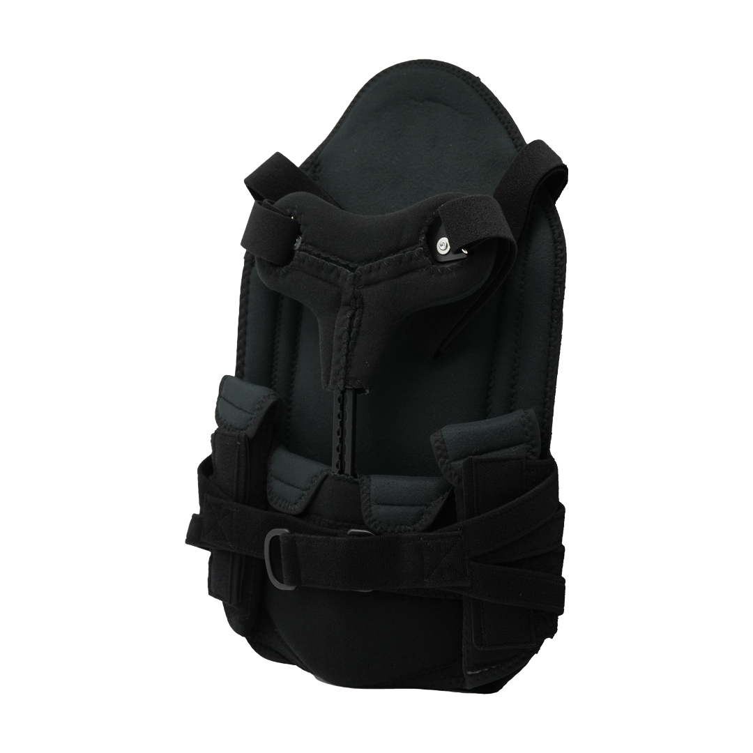Black Short Front TLSO brace with adjustable padded straps and stiff torso support, made in the USA by RCAI, best orttopedic .